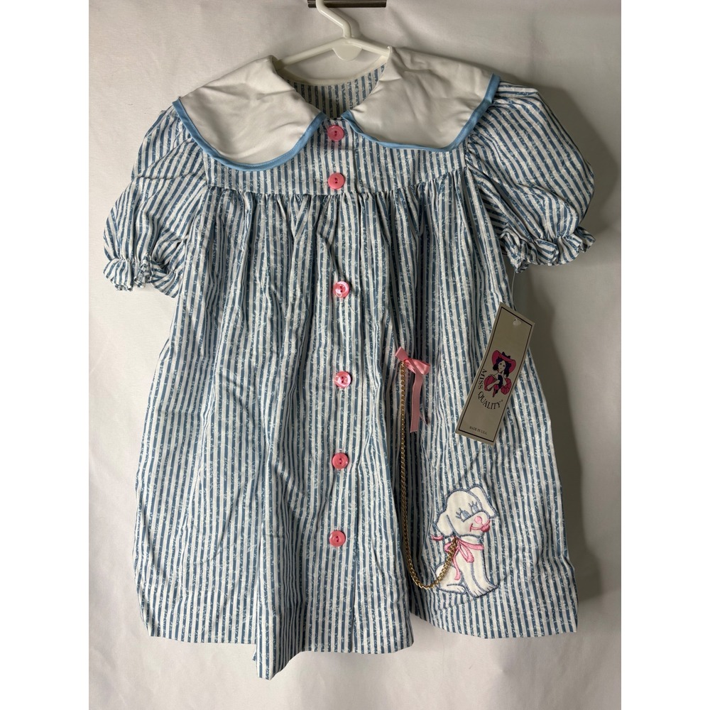 Vtg Miss Quality Girls 5 Blue White Striped Novelty‎ Dog Gold Leash Dress NWT